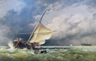 Holenderski beurtman na mieliźnie na piaszczystych ławicach Terschelling albo Na Morzu Północnym po śnieżycy, 1865